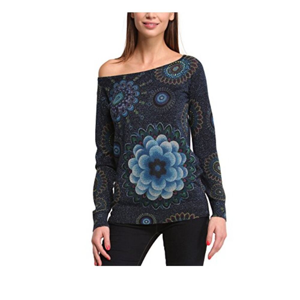 Desigual NWT Glittery Floral Long Sleeve Top Navy Blue